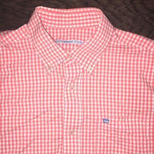 Peach orange white gingham check plaid Southern Tide Skipkack Tuna logo LS Shirt